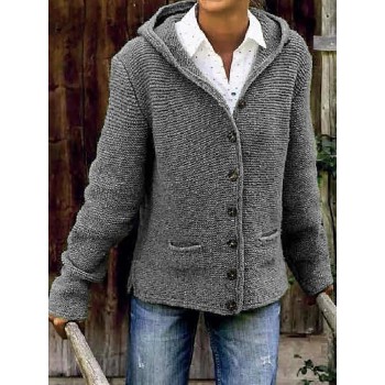 Women Sweaters Autumn Open Stitch Fleece Hooded Button Up Soft Jacket Long Sleeve Tops Knitted Cardigan Outwear